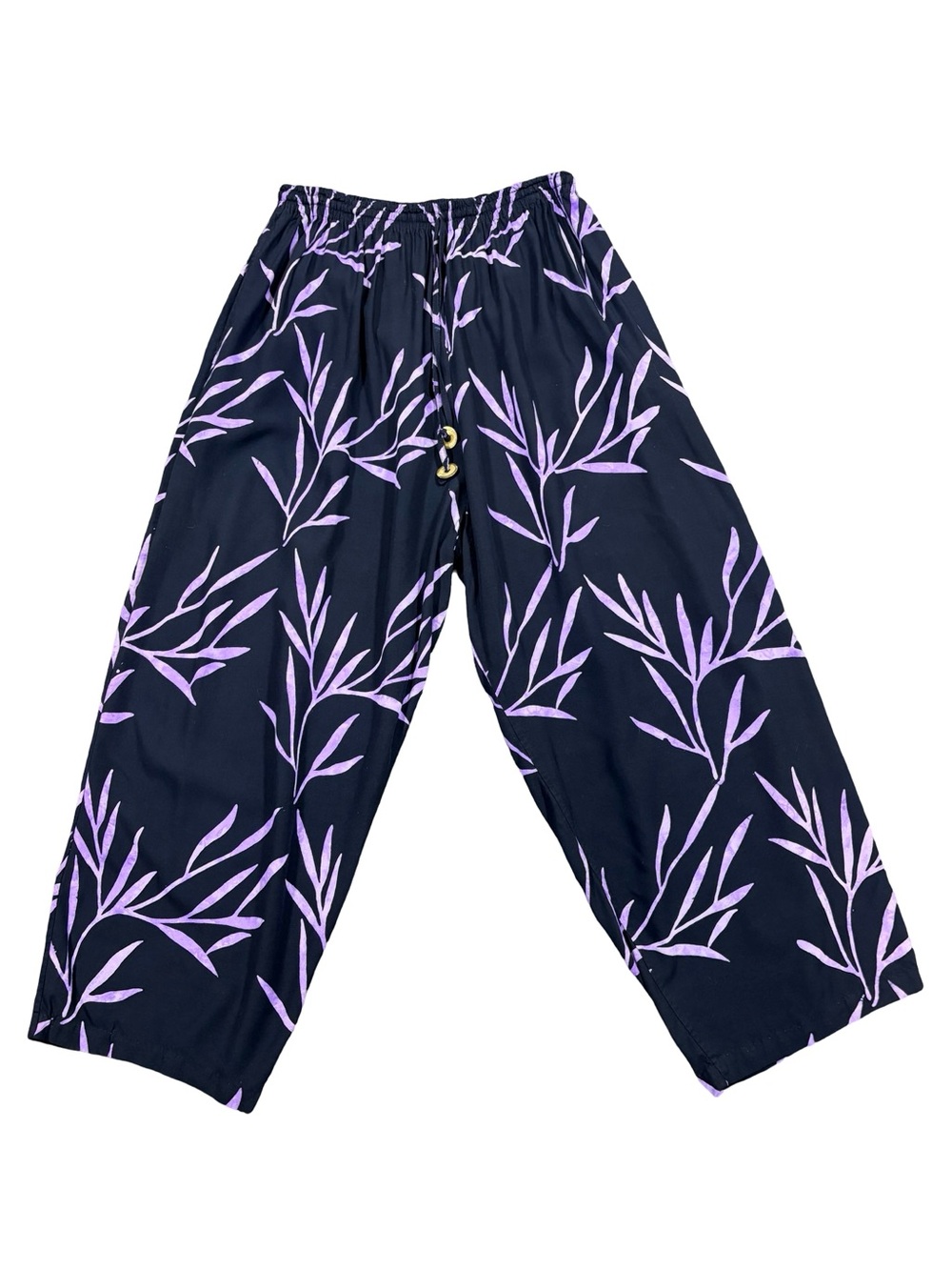 Simple People Rayon Wide Leg Pants Black Purple Leaf Print Boho SzM Resortwear